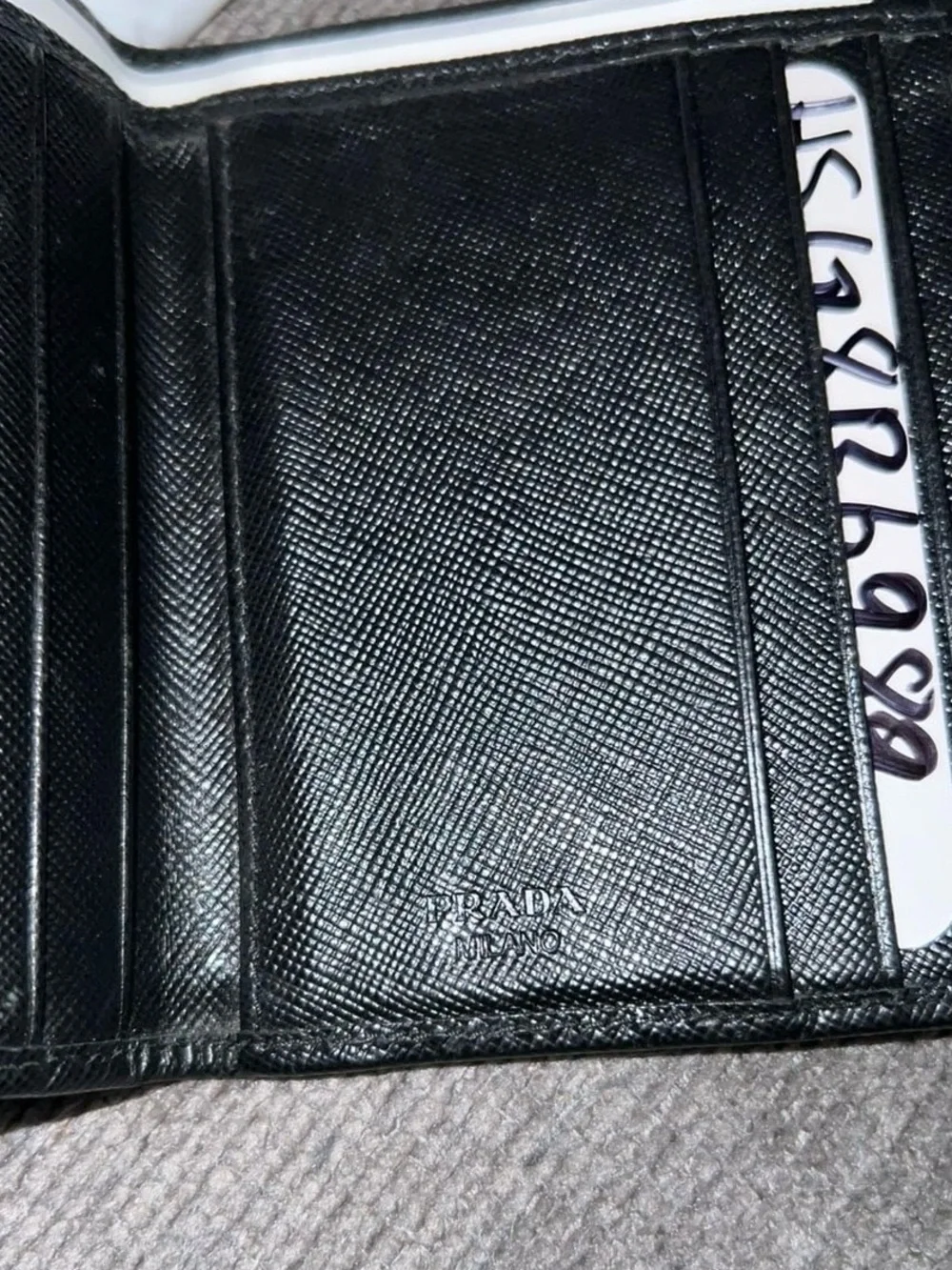 Prada Black Leather Tri-Fold Wallet with Silver Logo